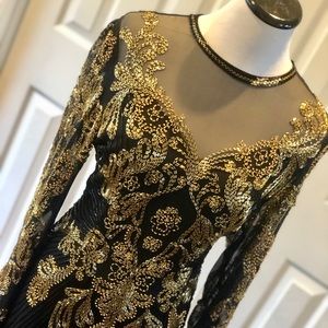 Vintage A.J. Bari Black and Gold Embroidered Midi Dress